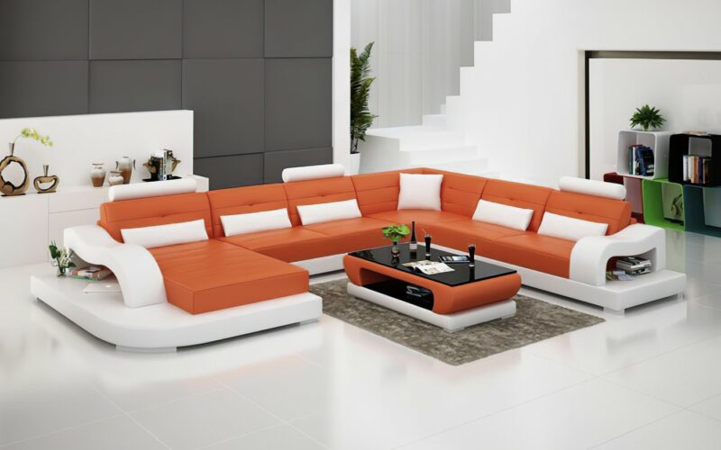 Hanna U-soffa - Röd med vita detaljer - Divan till vänster, sett framifrån