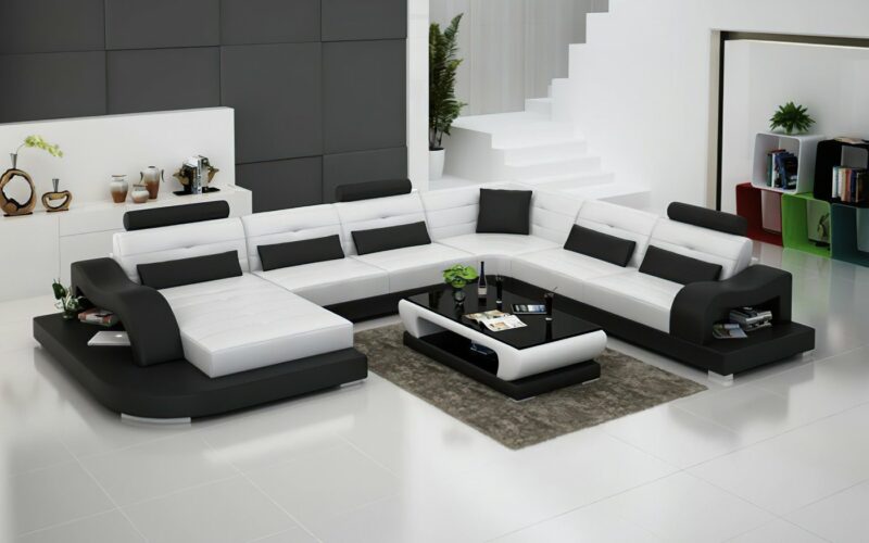 Hanna U-soffa - Vit med svarta detaljer - Divan till vänster, sett framifrån