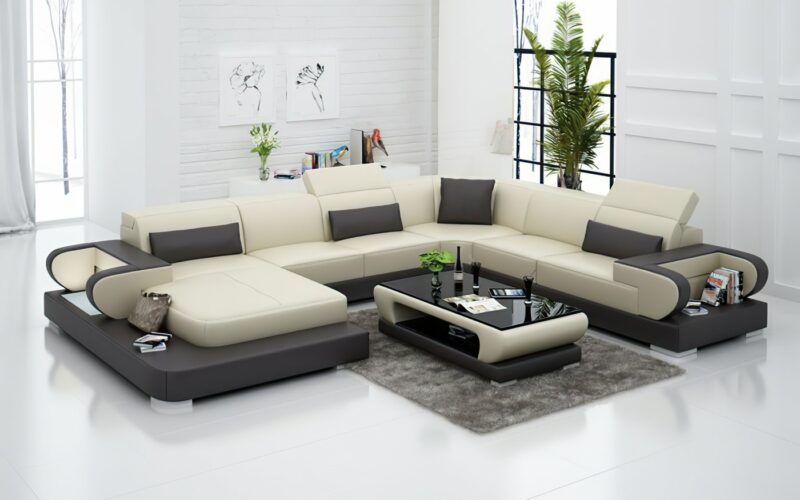 Märtha U-soffa - Beige med bruna detaljer - Design soffa i äkta läder