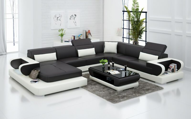Märtha U-soffa - Brun med beige detaljer - Design soffa i äkta läder