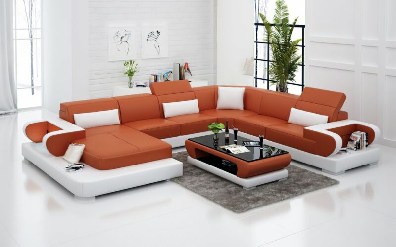 Märtha U-soffa - Orange med vita detaljer - Design soffa i äkta skinn