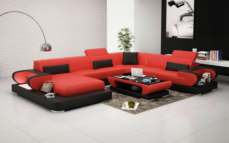 Märtha U-soffa - Röd med svarta detaljer - Design soffa i äkta skinn