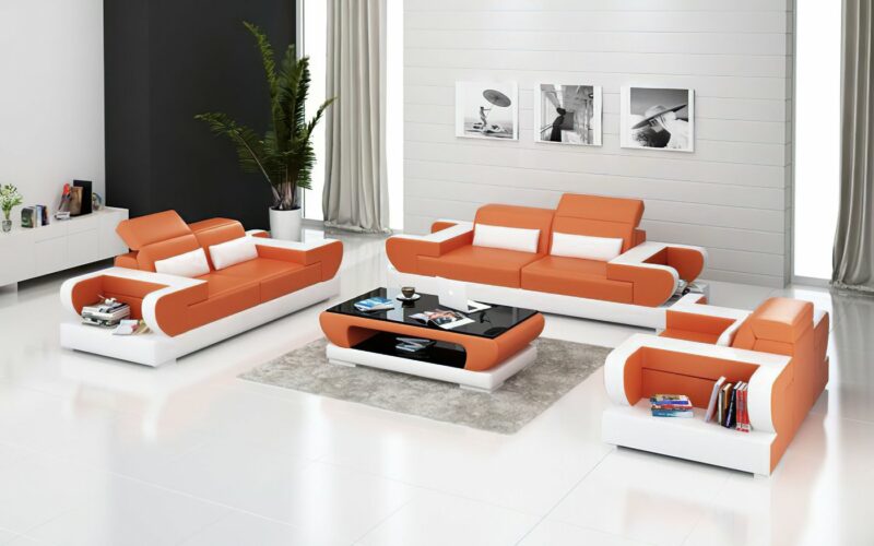 Märtha design soffgrupp i äkta skinn - Orange med vita detaljer - Folkets Möbler