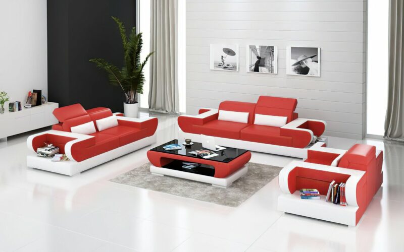 Märtha design soffgrupp i äkta skinn - Röd med vita detaljer - Folkets Möbler