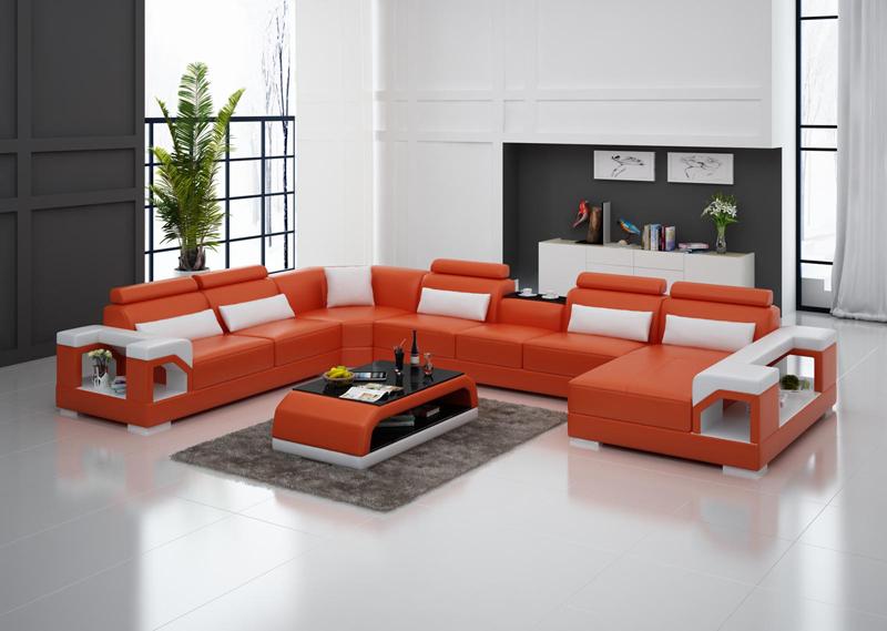 Betty U-soffa design i äkta skinn - Orange med vita detaljer - M&M Collection