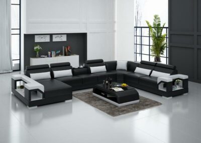 Betty U-soffa design i äkta skinn - Svart med vita detaljer