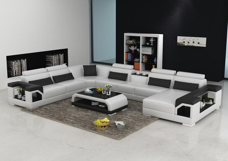 Betty U-soffa design i äkta skinn - Vit med svarta detaljer - M&M Collection