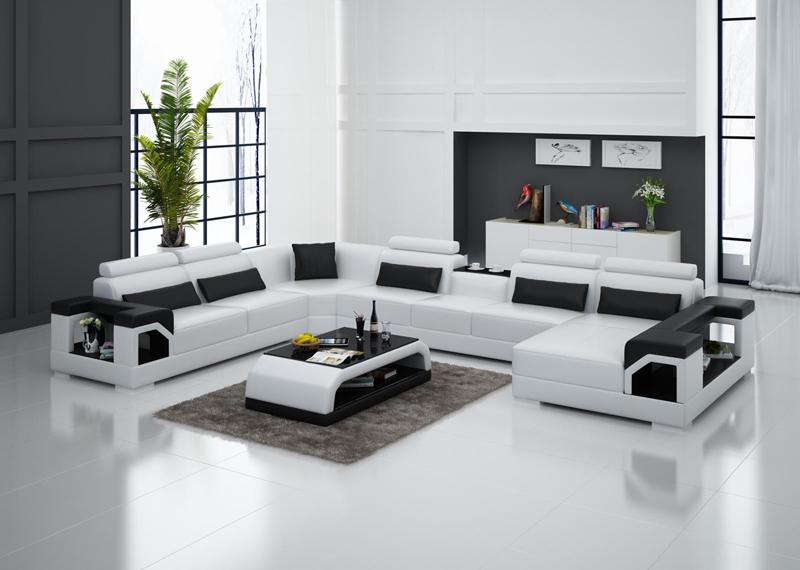 Betty U-soffa design i äkta skinn - Vit med svarta detaljer