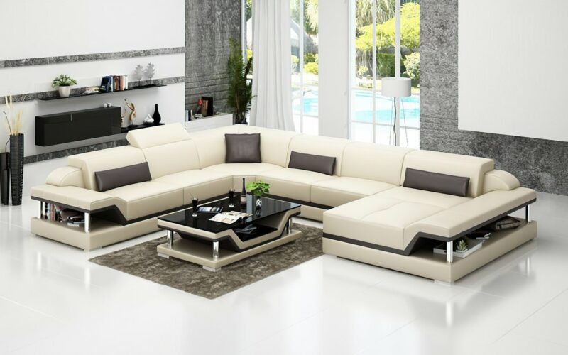 Pernilla design U-soffa i äkta skinn - Beige med bruna detaljer