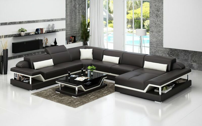 Pernilla design U-soffa i äkta skinn - Brun med beige detaljer