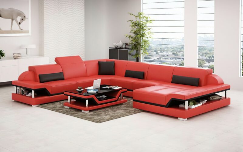 Pernilla design U-soffa i äkta skinn - Röd med svarta detaljer