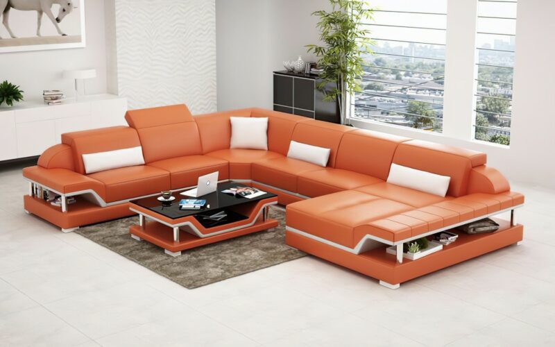 Pernilla design U-soffa i äkta skinn - Röd med vita detaljer