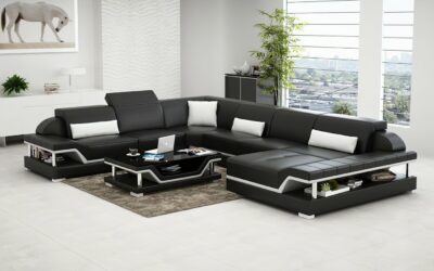 Pernilla design U-soffa i äkta skinn - Svart med vita detaljer