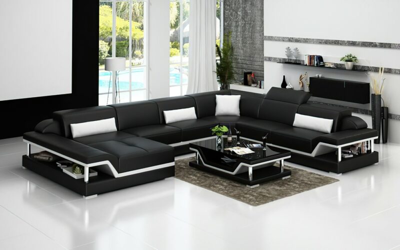 Pernilla design U-soffa i äkta skinn - Svart med vita detaljer - M&M Collection
