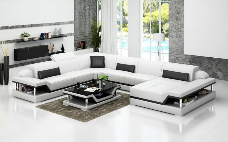 Pernilla design U-soffa i äkta skinn - Vit med svarta detaljer