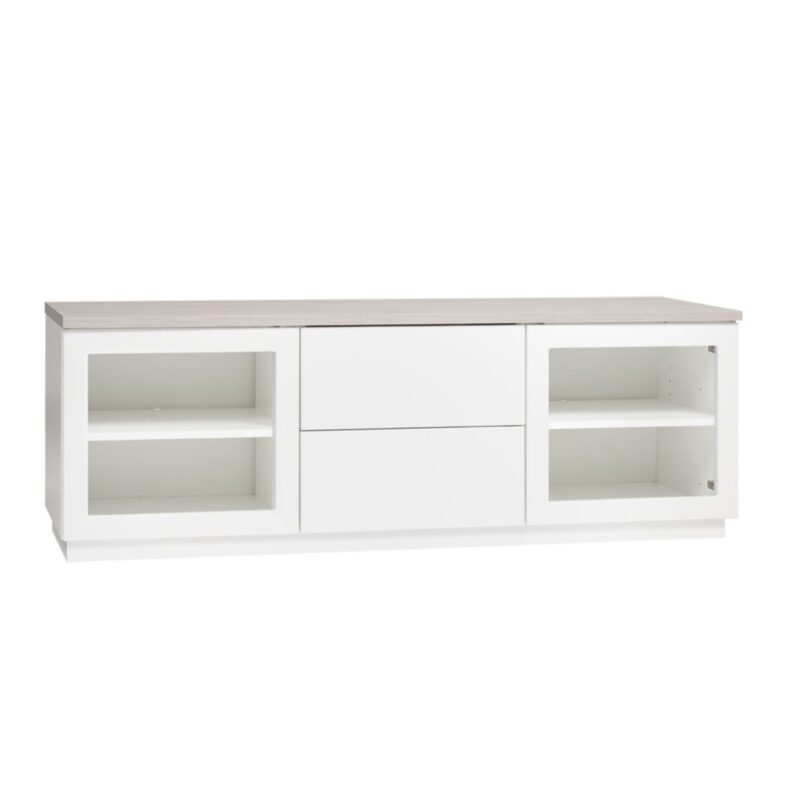 Sonaatti TV-bänk 150 cm, klar glas, vit sockel med ask toppskiva