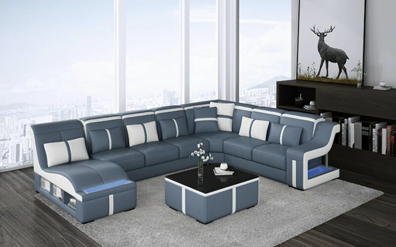 Milano U-soffa - Blå med vita detaljer