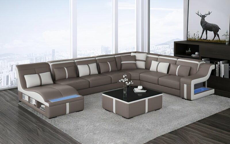 Milano U-soffa - Gråbrun med vita detaljer