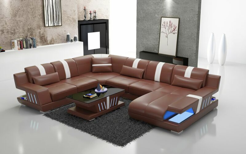 Sorrento U-soffa - Äkta skinn och LED-belysning - Brun med vita detaljer