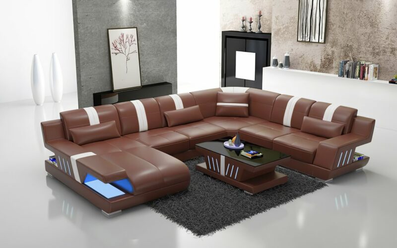 Sorrento U-soffa - Äkta skinn och LED-belysning - Brun med vita detaljer - Divan till vänster