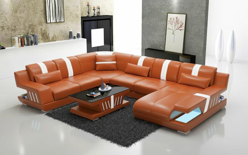 Sorrento U-soffa - Äkta skinn och LED-belysning - Orange med vita detaljer