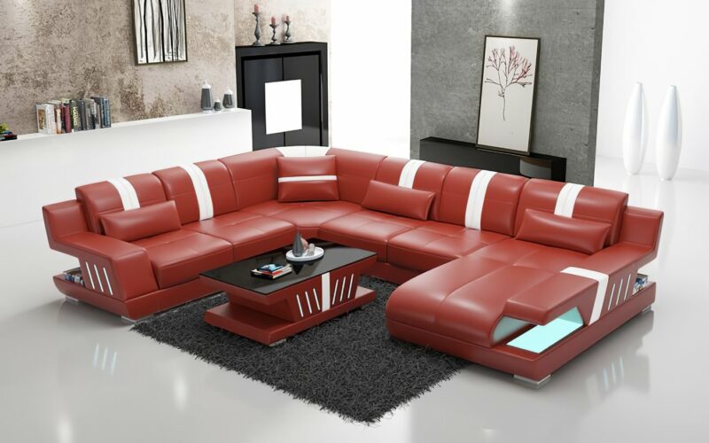 Sorrento U-soffa - Äkta skinn och LED-belysning - Röd med vita detaljer