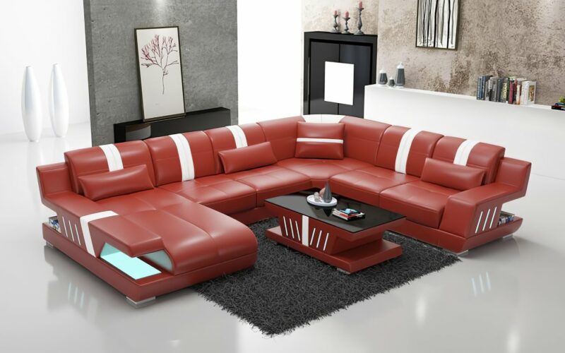 Sorrento U-soffa - Äkta skinn och LED-belysning - Röd med vita detaljer - Divan vänster