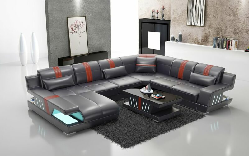 Sorrento U-soffa - Äkta skinn och LED-belysning - Svart med röda detaljer - Divan till vänster, sett framifrån