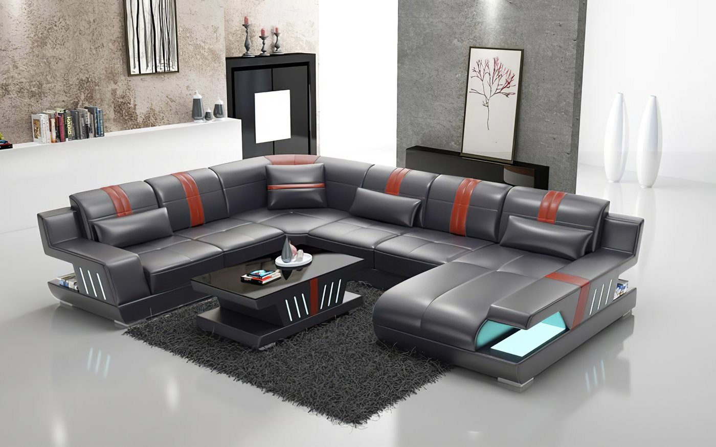 Sorrento U-soffa - Äkta skinn och LED-belysning - Svart med röda detaljer