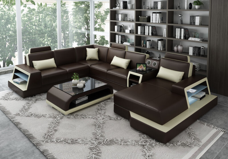 Messina läder soffa - Brun med beige detaljer