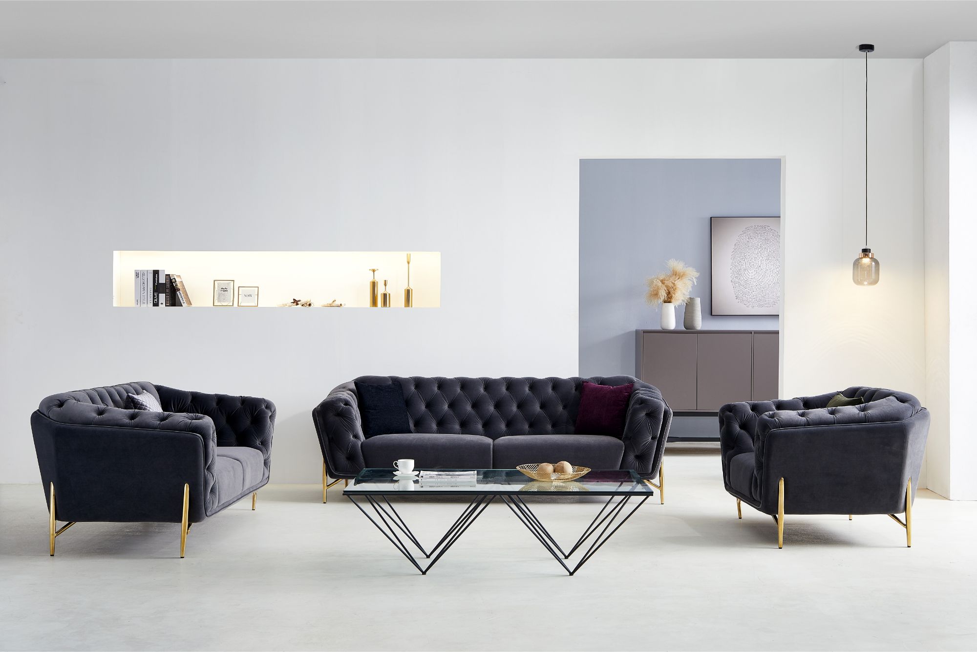 Isabella design soffa med Kingston soffbord - Soffa sammet mörkgrå
