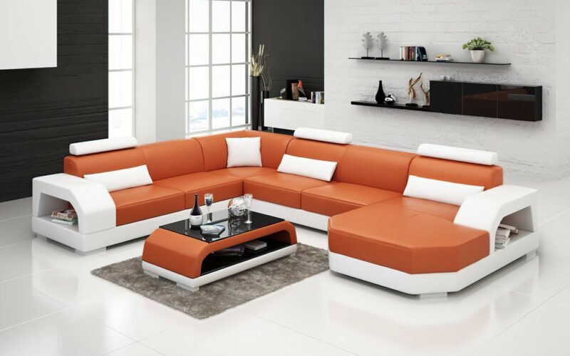 Country U-soffa - Orange med vita detaljer - Äkta läder
