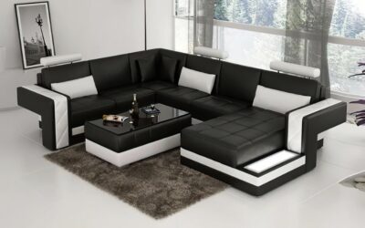 Madison U-soffa - Svart med vita detaljer - Design skinnsoffa & lädersoffa