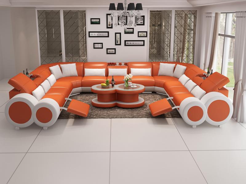 Lucy U-soffa XXL - Äkta skinn med recliner - Orange med vita detaljer
