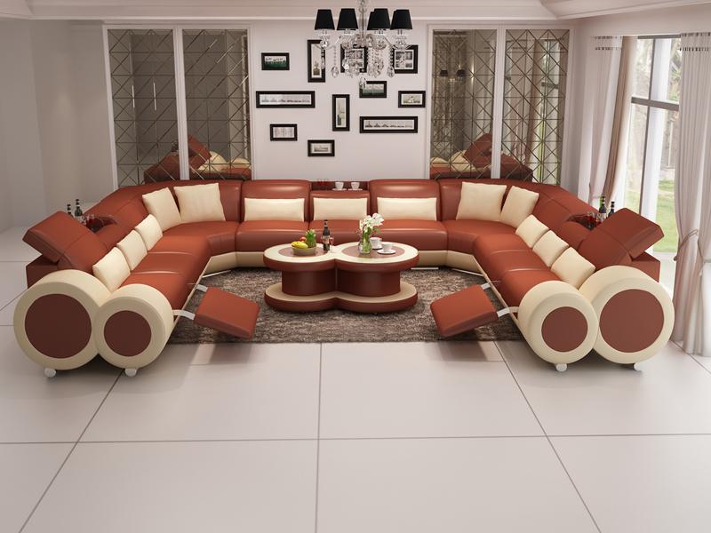 Lucy U-soffa XXL - Äkta skinn med recliner - Röd med beige detaljer