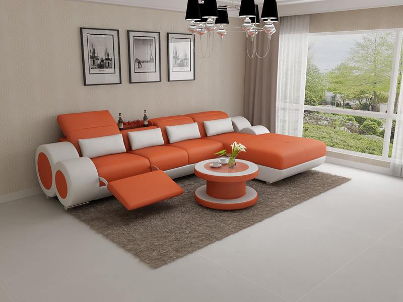 Lucy divansoffa med recliner i äkta skinn - Orange med vita detaljer