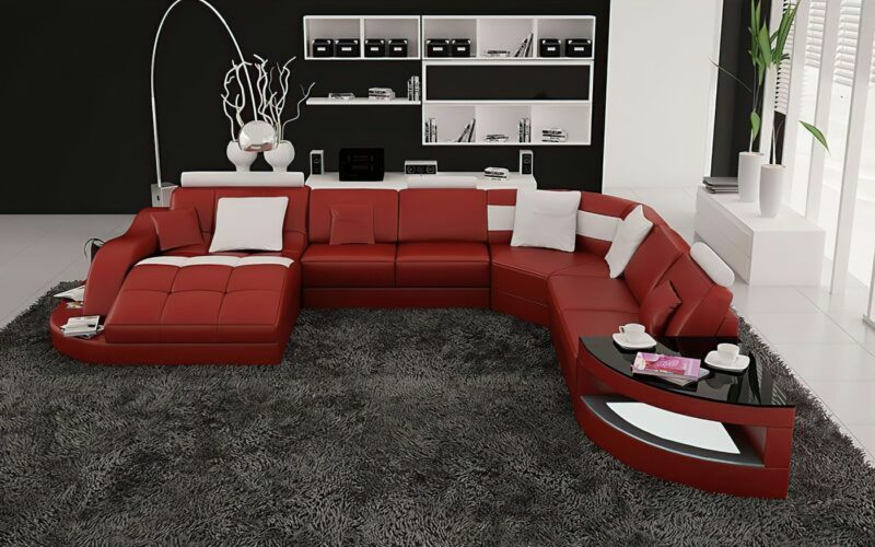 Matilda U-soffa i äkta läder - Röd med vita detaljer