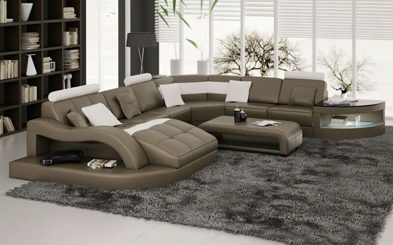 Matilda design soffa - Brungrå med vita detaljer - Äkta läder