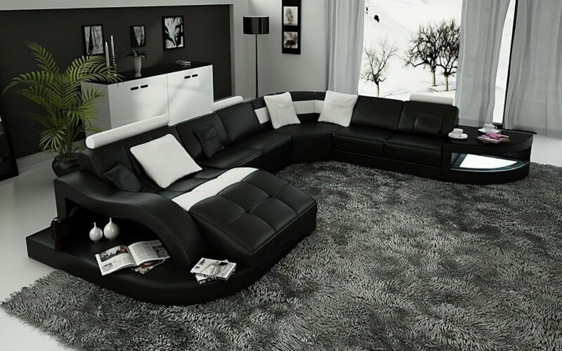 Matilda design soffa - Svart med vita detaljer - Äkta läder