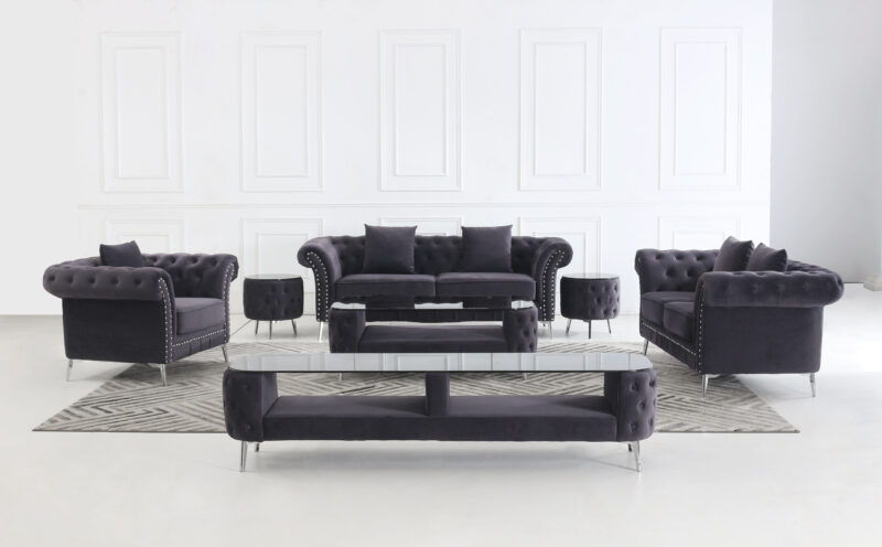 Melinda komplett mörkgrå sammet - inkl. pall, soffbord och TV-bänk