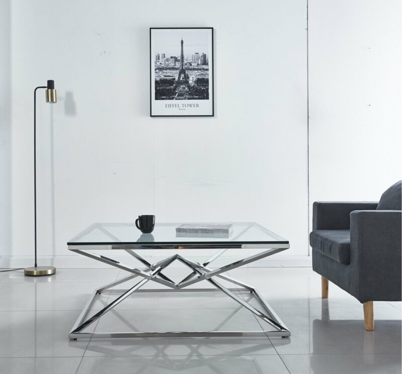 Style soffbord kvadrat - 100x100 cm, Glas med krom underrede