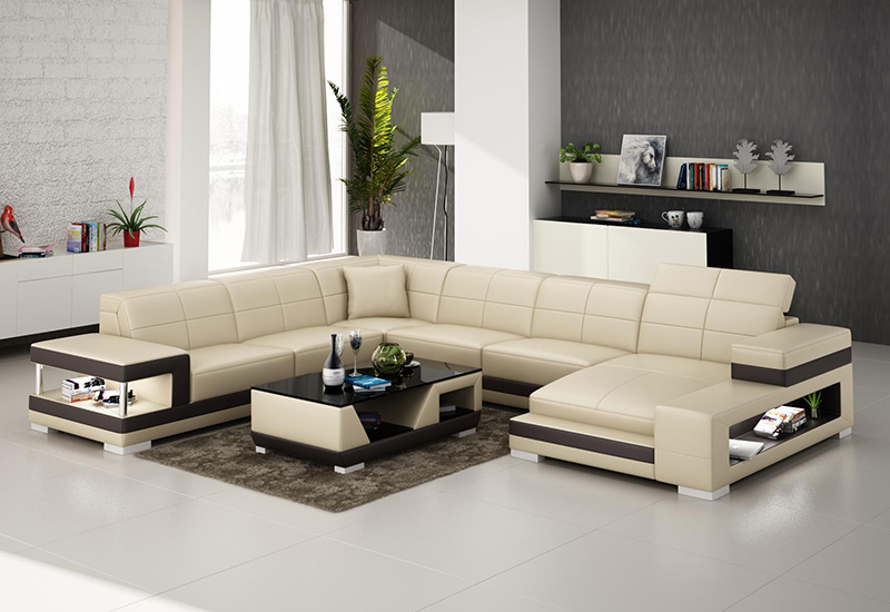 Rome design U-soffa i äkta skinn - Beige med bruna detaljer