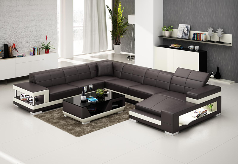 Rome design U-soffa i äkta skinn - Brun med beige detaljer