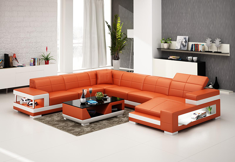 Rome design U-soffa i äkta skinn - Orange med vita detaljer