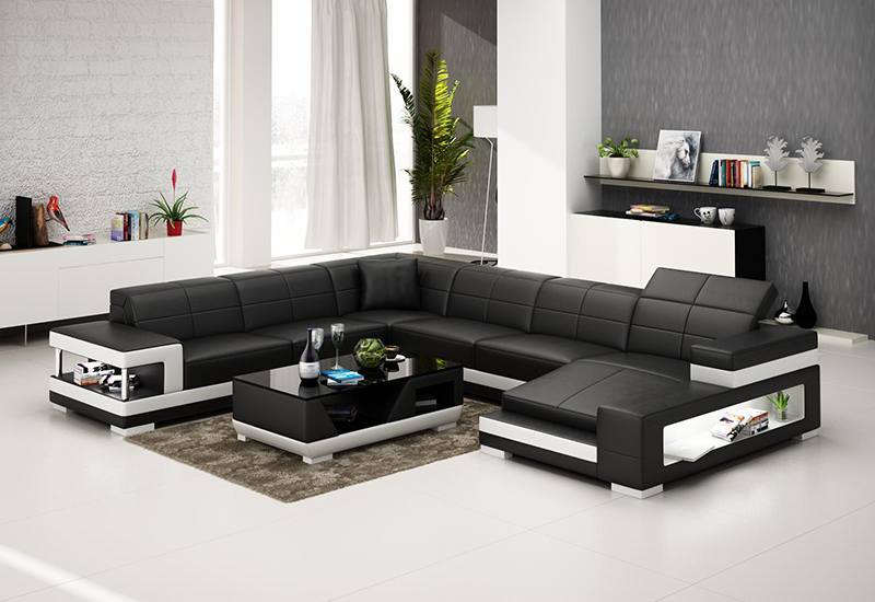 Rome design U-soffa i äkta skinn - Svart med vita detaljer
