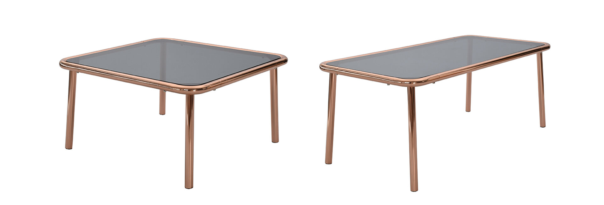 Basic soffbord - Rektangulärt + Kvadratiskt - Rökfärgat glas - Kopparfärgade ben