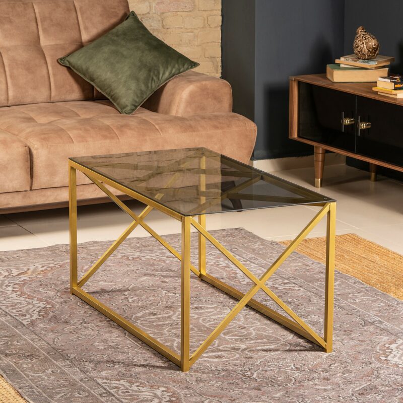 Elna rektangulärt soffbord - Rökfärgat glas med guld underrede