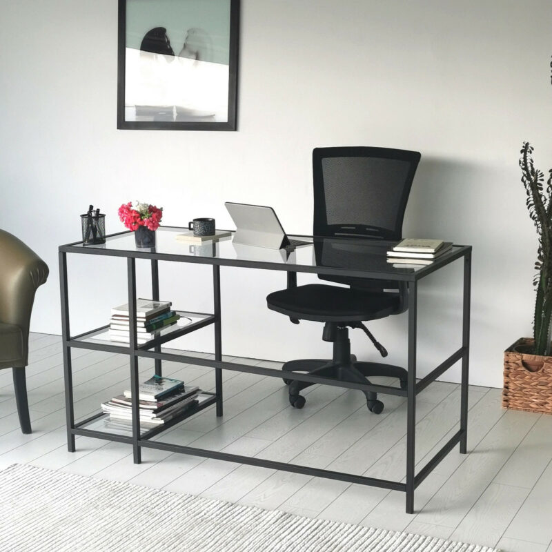 Leopold skrivbord, arbetsbord - Hemmakontor med klart glas och svart underrede