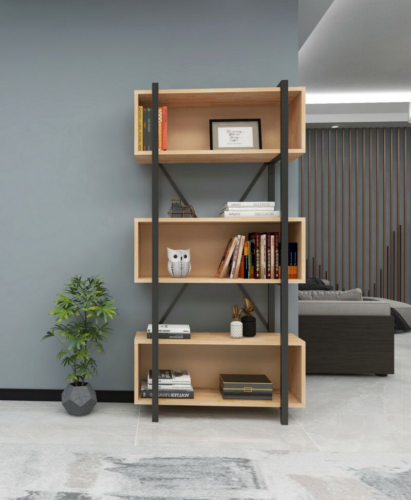 Tuva bokhylla i naturfärgat furu och svart metall, Folkets Möbler