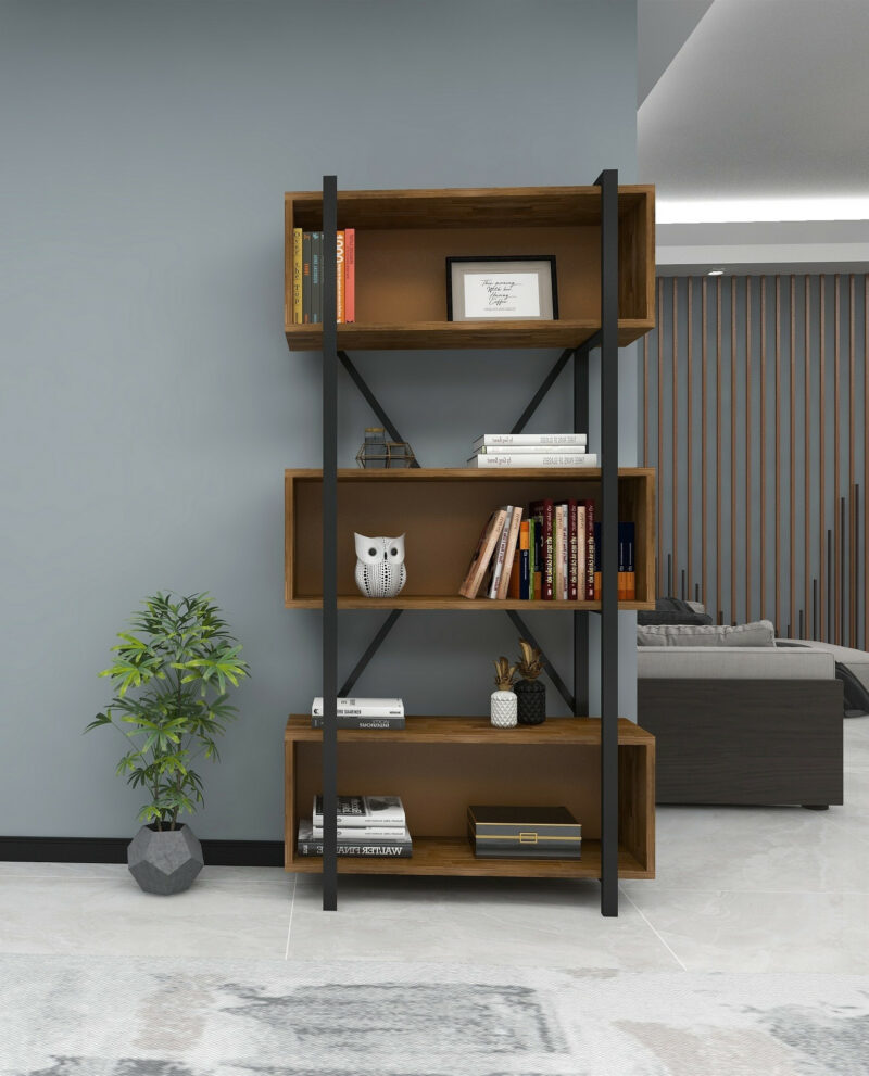 Tuva bokhylla i valnötsfärgat furu och svart metall, Folkets Möbler